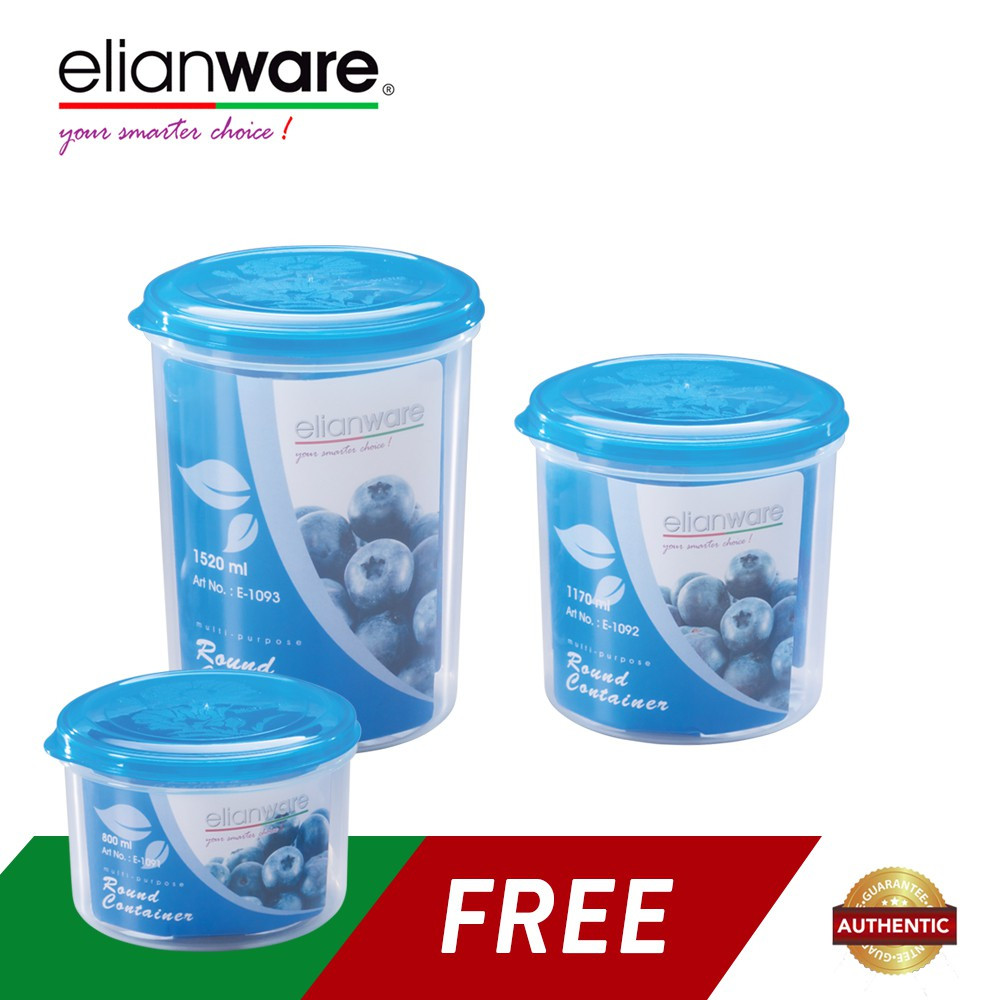 Elianware 3 Pcs Blue Transparent BPA Free Microwavable Round Solid Plastic Food Containers Set