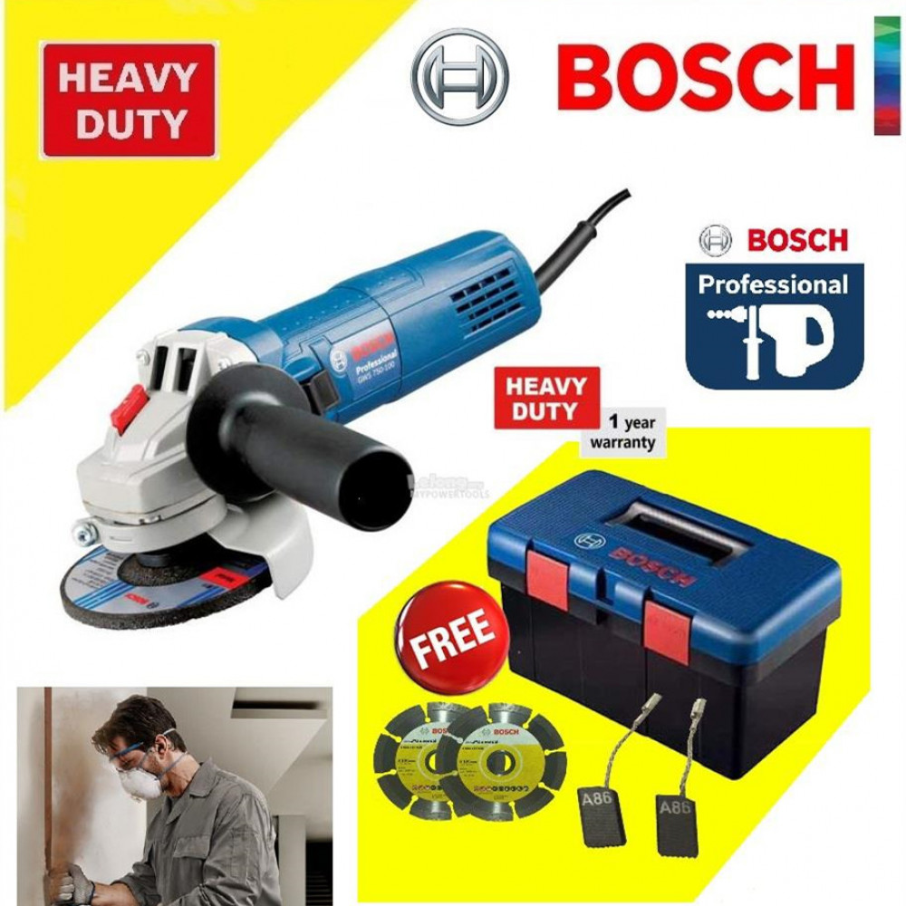 BOSCH GWS750-100 Angle Grinder C/W Bosch Tool Box (FREE 2 X DIAMOND DISC + CARBON BRUSH SET)
