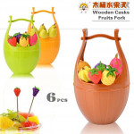 Cute Wooden Barrel 6pcs Fruit Fork Randomly Pick Design Ready Stock