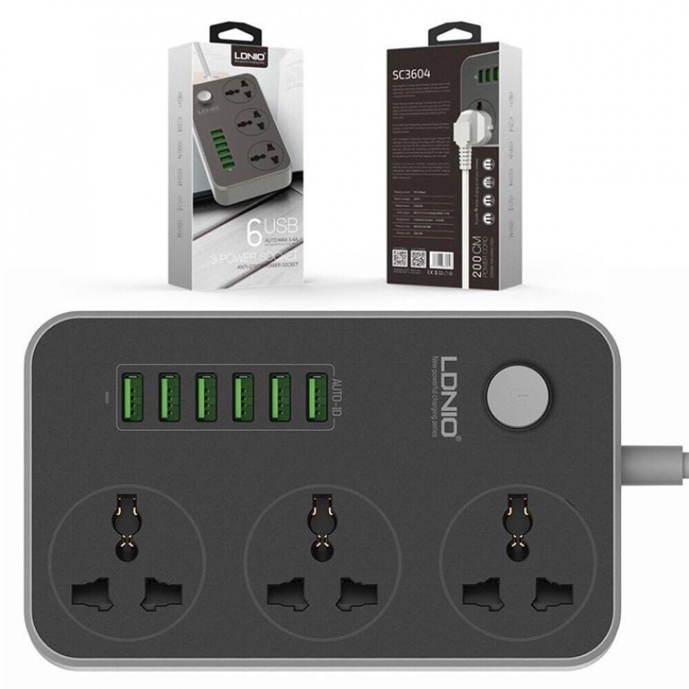 Original LDNIO SC3604 3.4A Power EU/UK Plug with 3AC & 6USB Socket Power Adapter