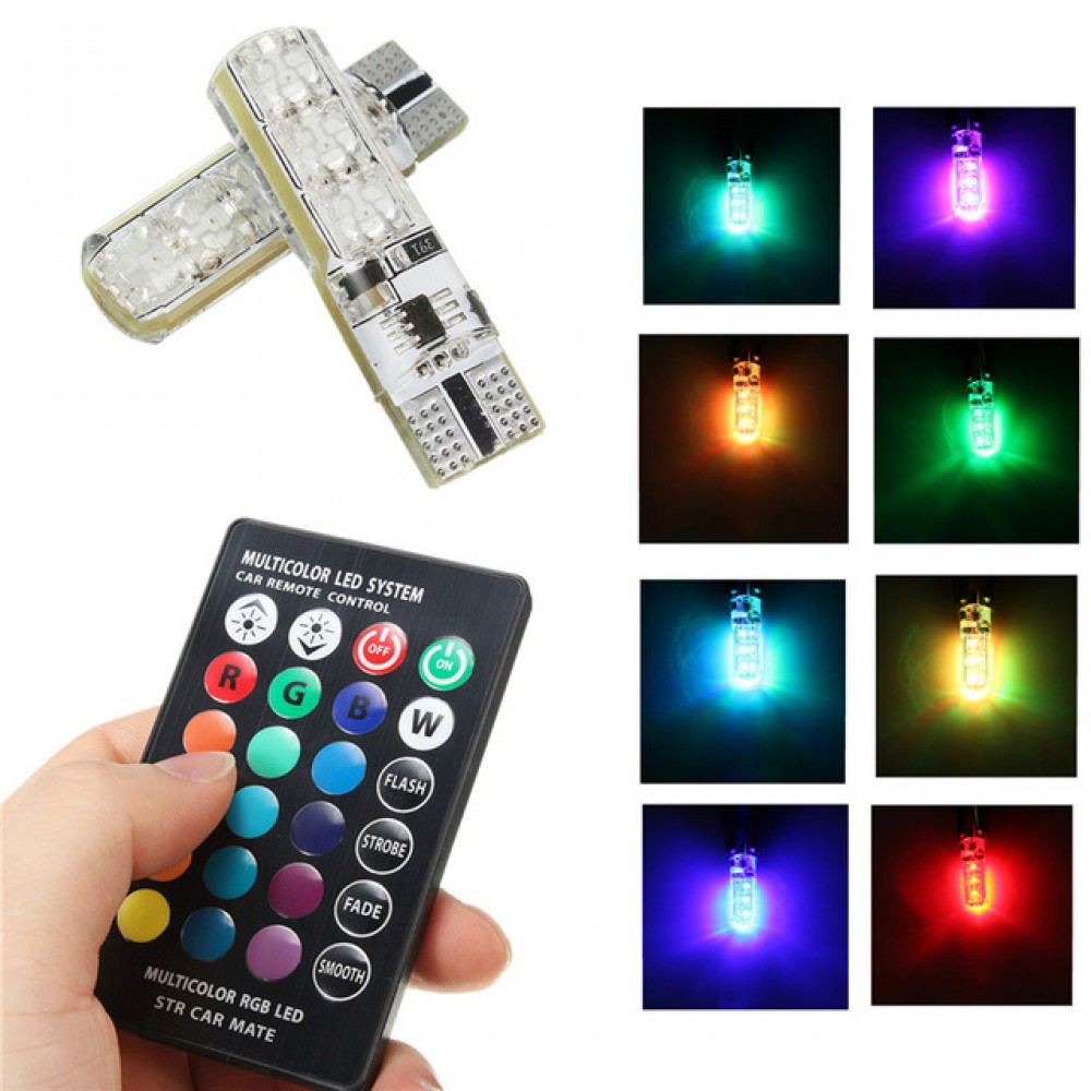 2pcs Multi Color T10 5050 SMD RGB Remote 6 LED Controller Reading Wedge Light Bulb