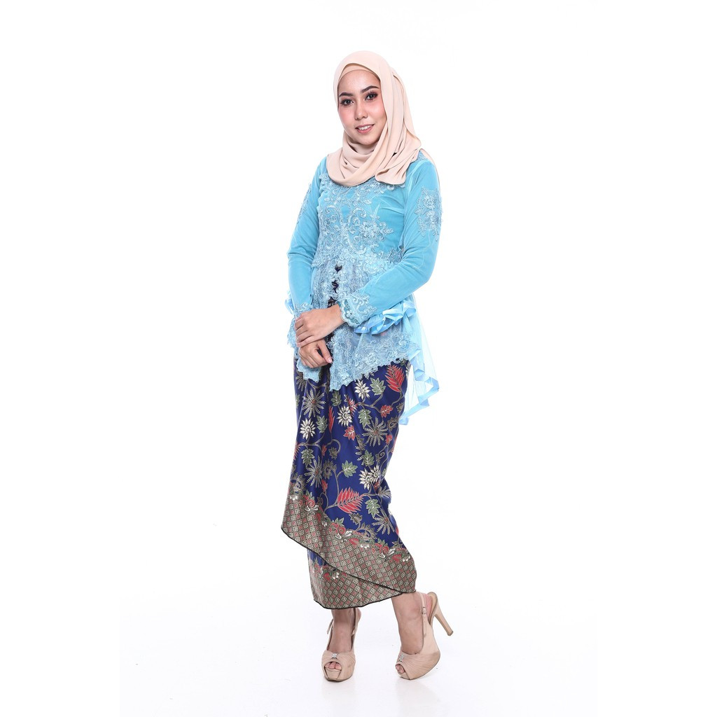 image of ROSSA Ruffles Fishtail Kebaya With Printed Satin Pario -BLUE