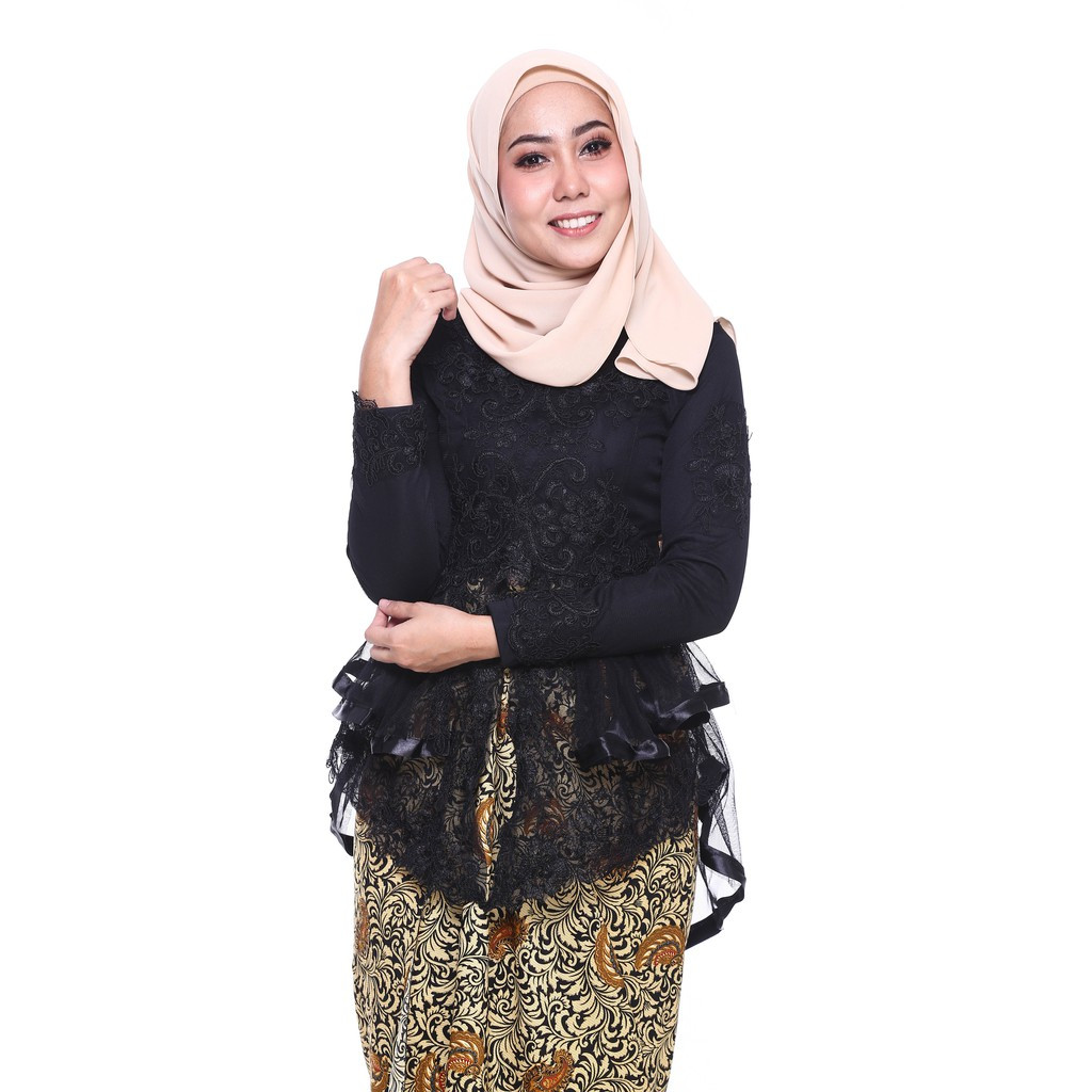 image of ROSSA Ruffles Fishtail Kebaya With Printed Satin Pario -BLACK