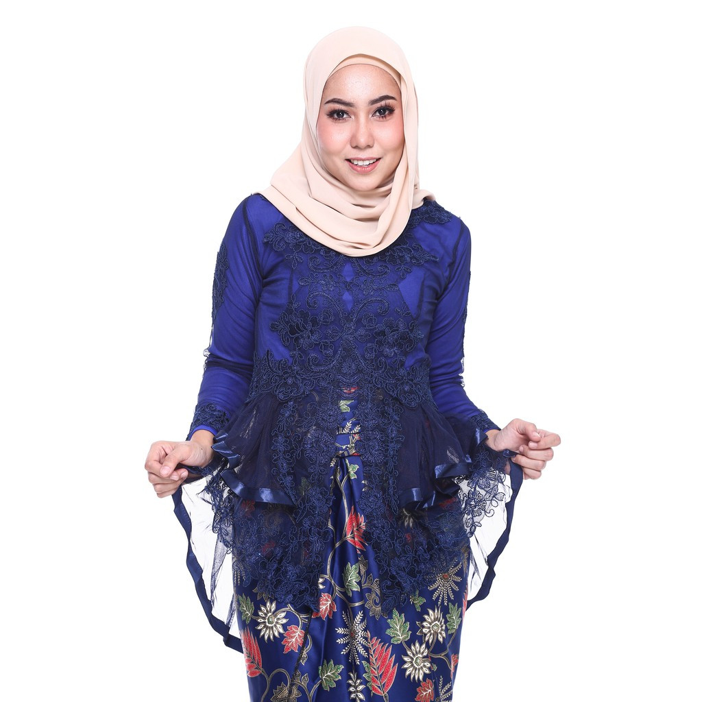 image of ROSSA Ruffles Fishtail Kebaya With Printed Satin Pario -NAVY
