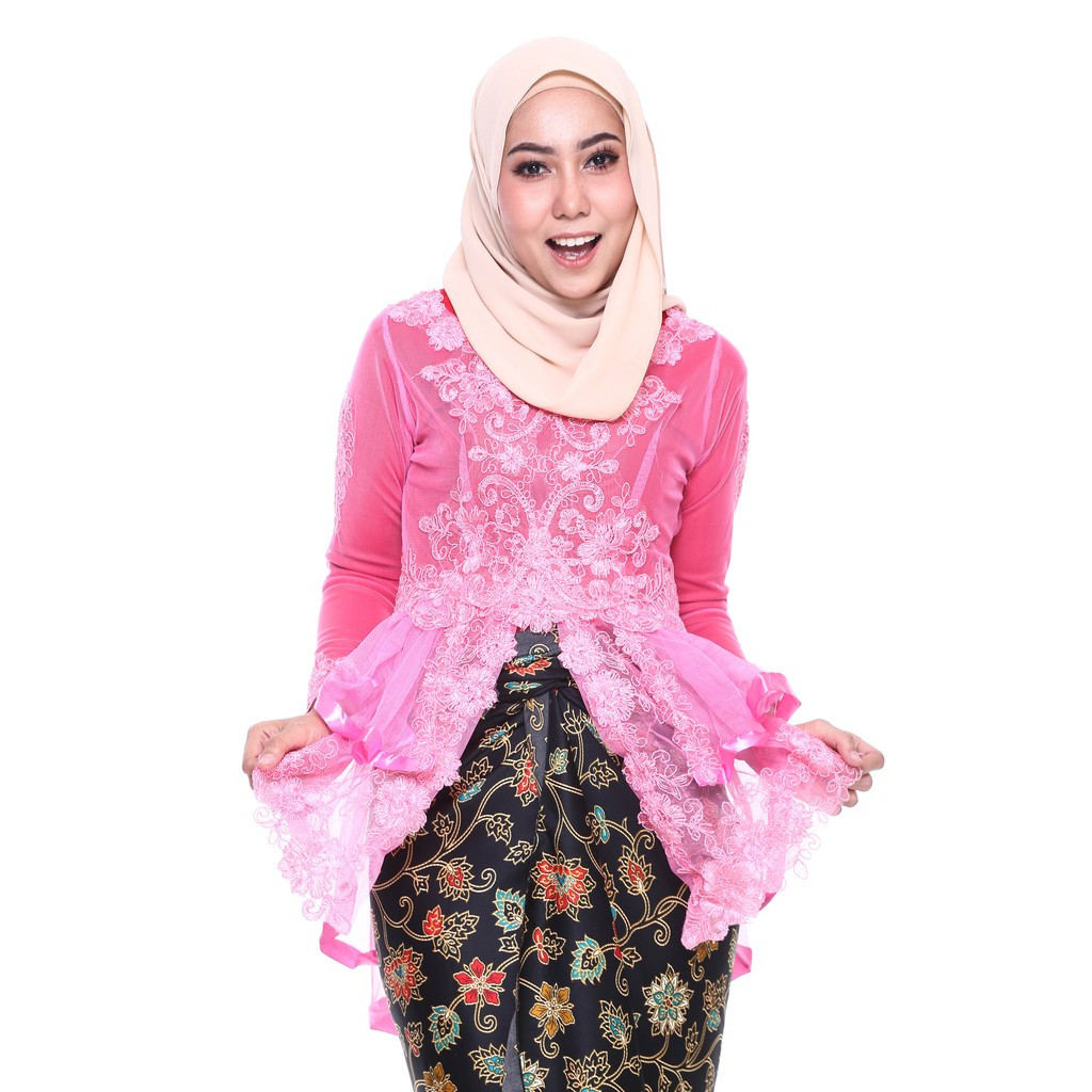 image of ROSSA Ruffles Fishtail Kebaya With Printed Satin Pario - PINK