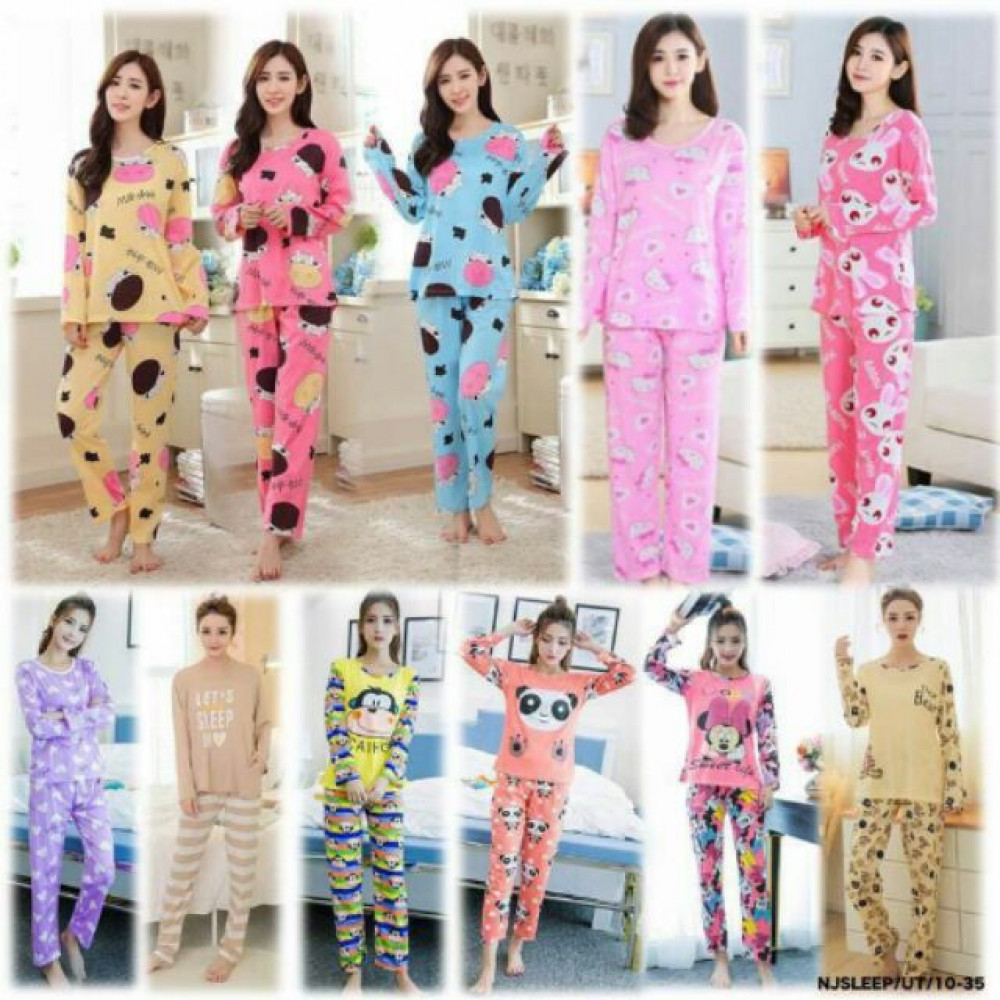 NJ Fashion Cute Milk Silk Pyjamas Long Sleeve Sleepwear NJ Fashion Cute Milk Silk Pyjamas Long Sleeve Sleepwear