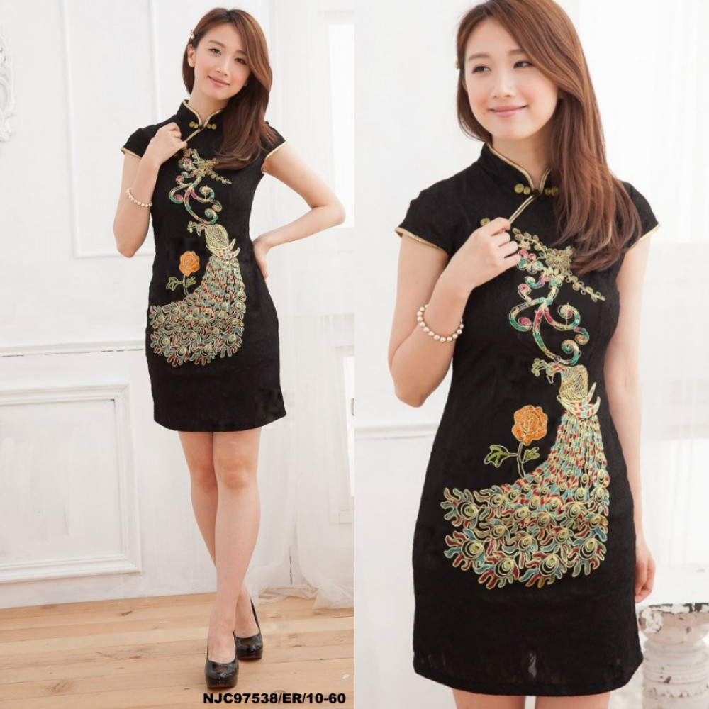 NJ InspiredCollection Peacock Embroidery Sequins CheongSam - Black NJ InspiredCollection Peacock Embroidery Sequins CheongSam - Black