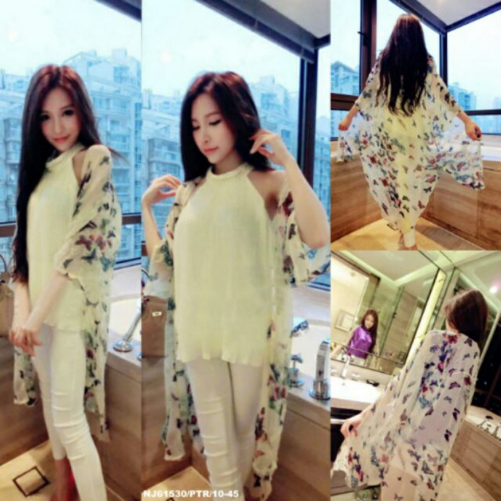 NJ Sweet Colourful Butterfly Printed Chiffon Long Cardigan NJ Sweet Colourful Butterfly Printed Chiffon Long Cardigan