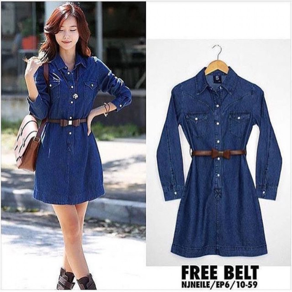 NJ Denim Dress with Ribbon Belt NJ Denim Dress with Ribbon Belt