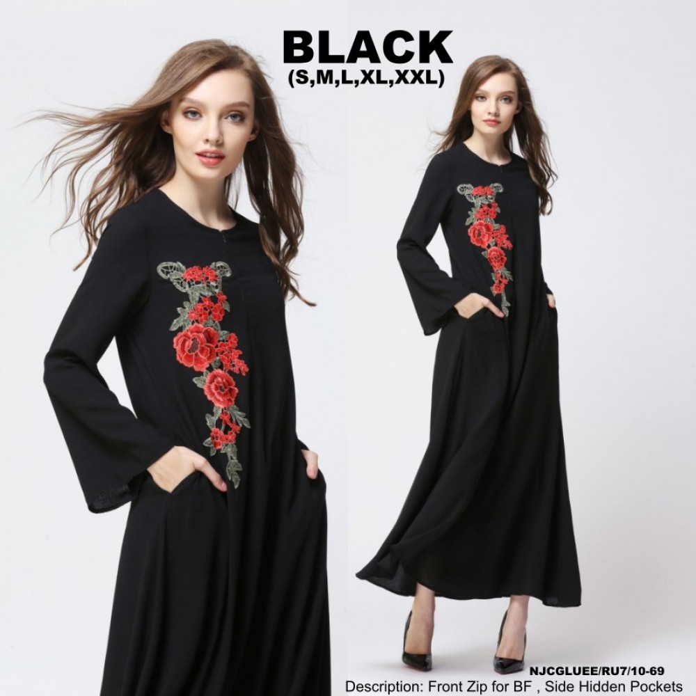 NJ ModernCollections Flora Patch Jubah - BLACK NJ ModernCollections Flora Patch Jubah - BLACK