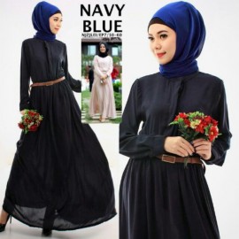 image of READY STOCK ❗ NJ SEOUL 3 IN 1 Mandarin Collar Front Button Flare Jubah Dress (Navy Blue)