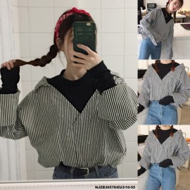 image of NJ Europe Fashion Drop Shoulder Stripe Collared Shirt with High Collar Inner Shirt