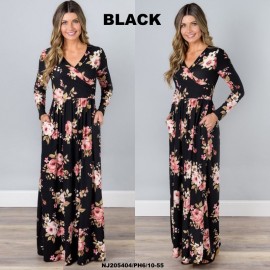 image of NJ Europe Fashion Elegant Floral Maxi Dress (Black)