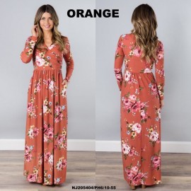 image of NJ Europe Fashion Elegant Floral Maxi Dress (Orange)