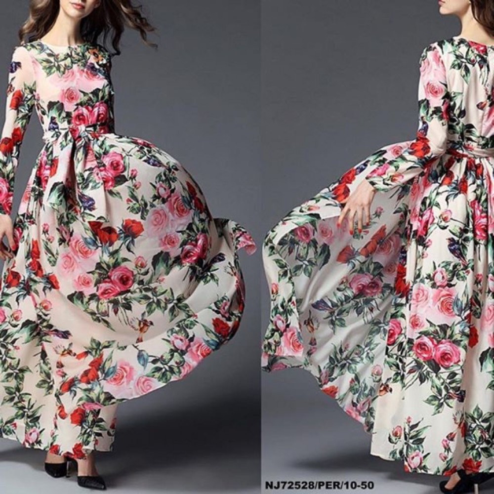 NJ Europe Fashion Flower Printed Beautiful Dress with Belt NJ Europe Fashion Flower Printed Beautiful Dress with Belt
