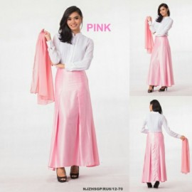 image of NJ 3 IN 1 Front Button Blouse+Flared Satin Long Skirt +Shawl (PINK)
