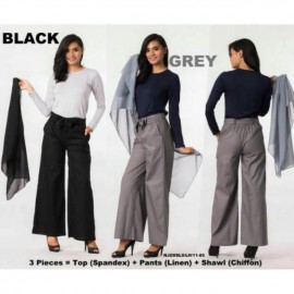 image of NJ 3 IN 1 Stretchable Long Sleeve Top + Flared Wide Leg Knotted Belt Pants+Shawl