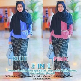 image of NJ SEOUL 3 IN 1 Denim Design Basic Top with Polka Dots Skirt (Including Shawl)
