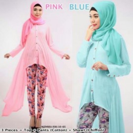image of NJ 3 IN 1 Stylish Asymmetric Basic Button Top with Floral Pants (Inc Shawl)