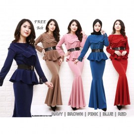 image of Korea NJ ExclusiveCollections Elegant Peplum Dress with FREE Black Bow Belt