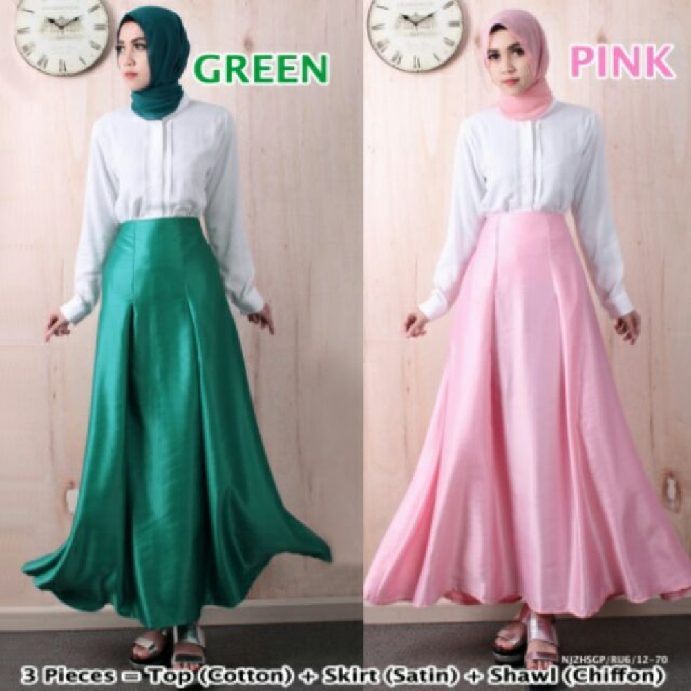 NJ 3 IN 1 Front Button Blouse+Flared Satin Long Skirt +Shawl NJ 3 IN 1 Front Button Blouse+Flared Satin Long Skirt +Shawl