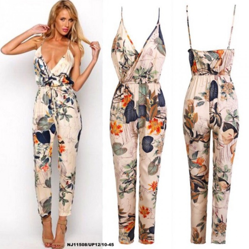 NJ EuropeFashion V Neck Halter Floral Jumpsuit NJ EuropeFashion V Neck Halter Floral Jumpsuit