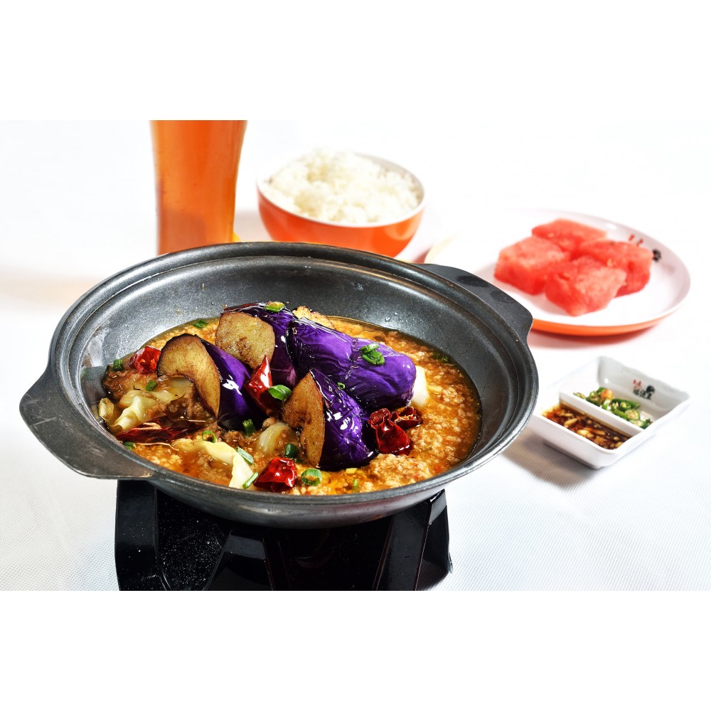 Eggplant Minced Meat Lunch Set with Free-Flow Rice, Noodle, and Drinks for 1 Person