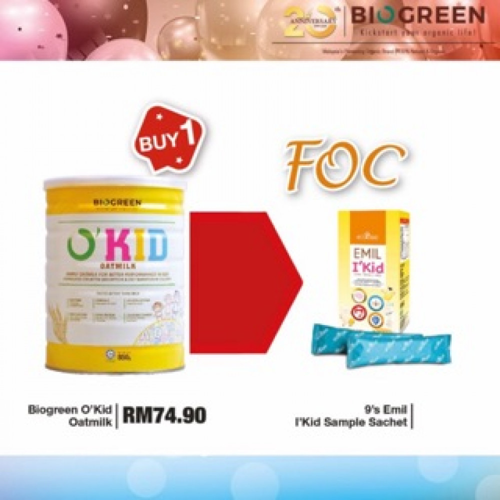 BIOGREEN O'Kid Oatmilk (HALAL) 850G FREE Emil I’kid 9Sachets BIOGREEN O'Kid Oatmilk (HALAL) 850G FREE Emil I’kid 9Sachets
