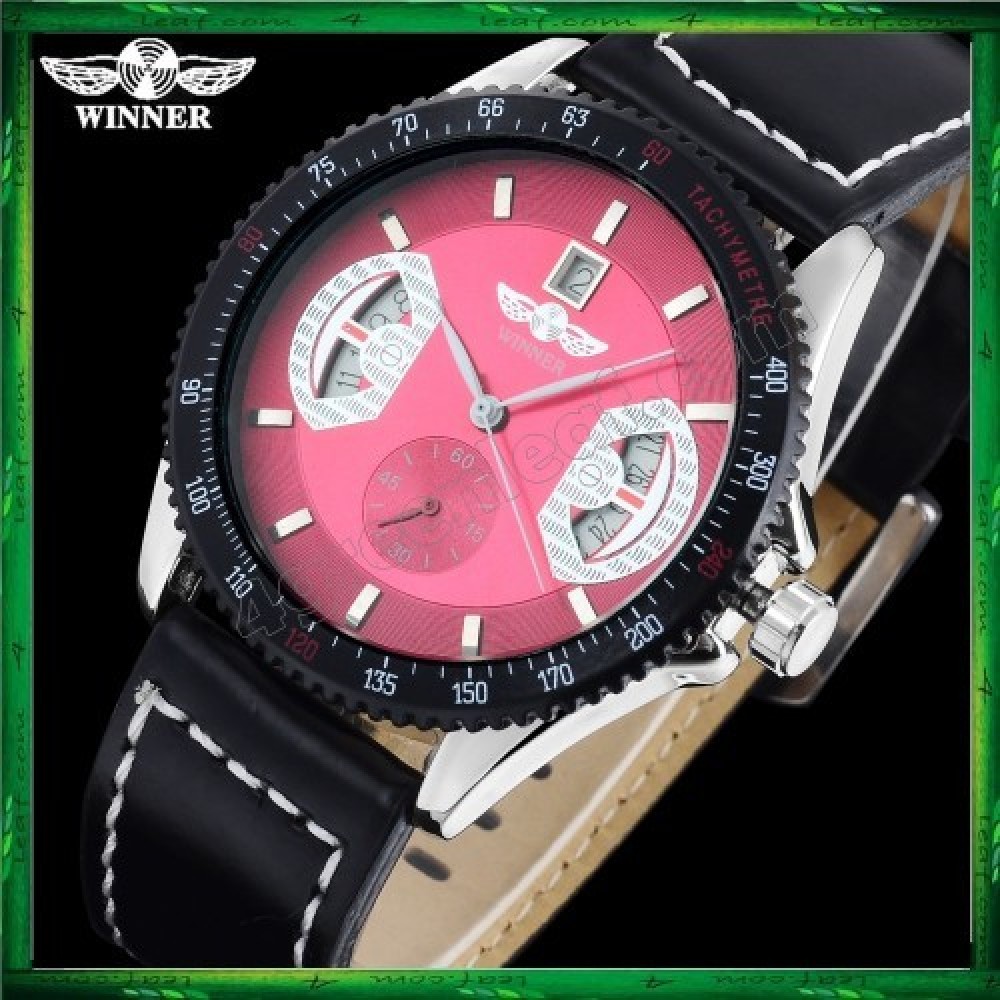 WM14 WINNER Mechanical Automatic Self Wind Watch Auto Date Black Leather Straps WM14 WINNER Mechanical Automatic Self Wind Watch Auto Date Black Leather Straps