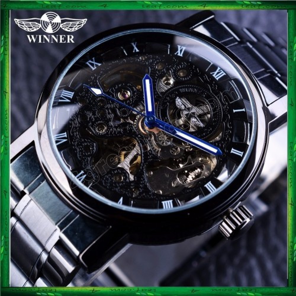 WM10 Winner Skeleton Stainless Steel Blue Hands Luminous Men Automatic Watch