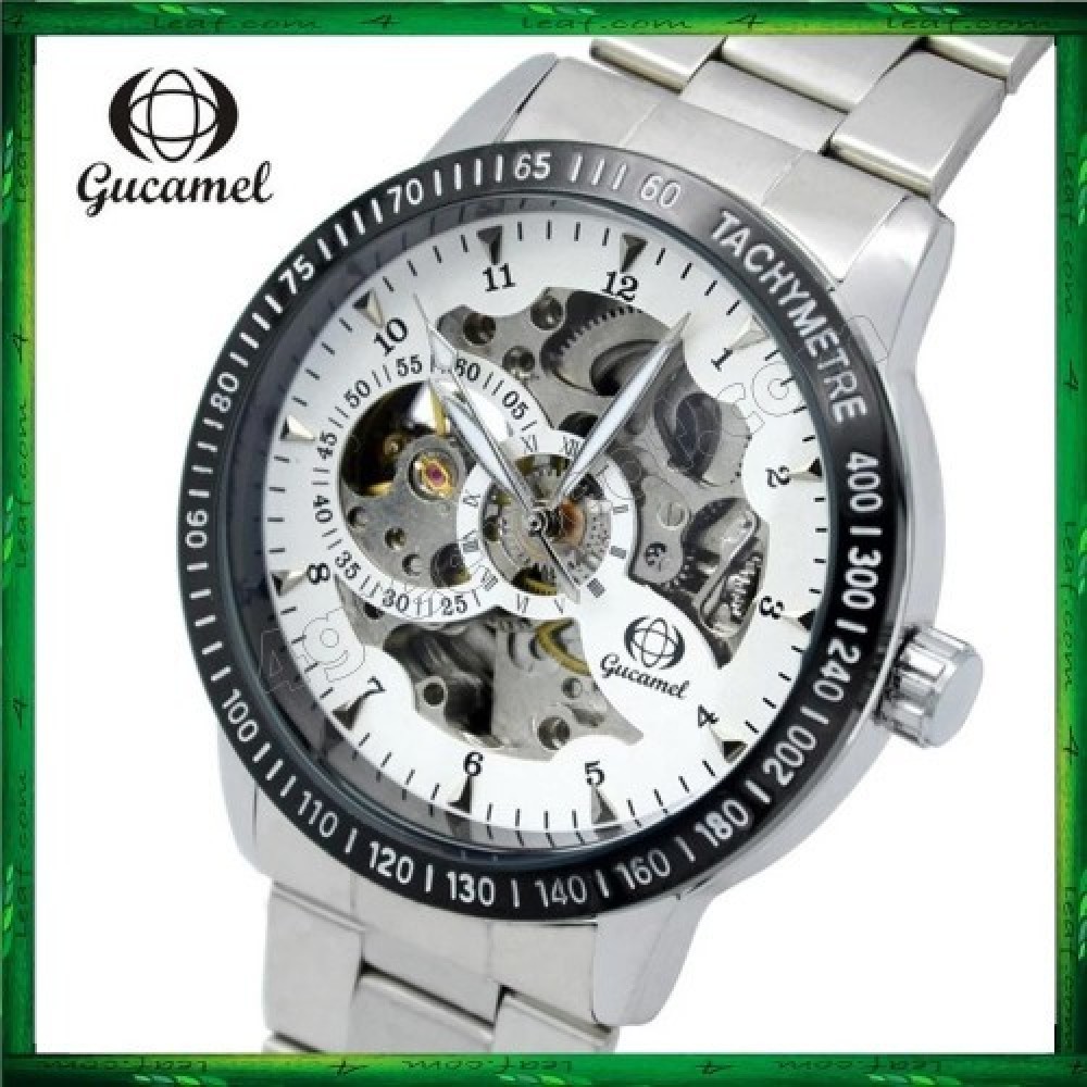 GUC01 Gucamel Men Auto Mechanical Hollow Dial Luminous Steel Leather Band Watch