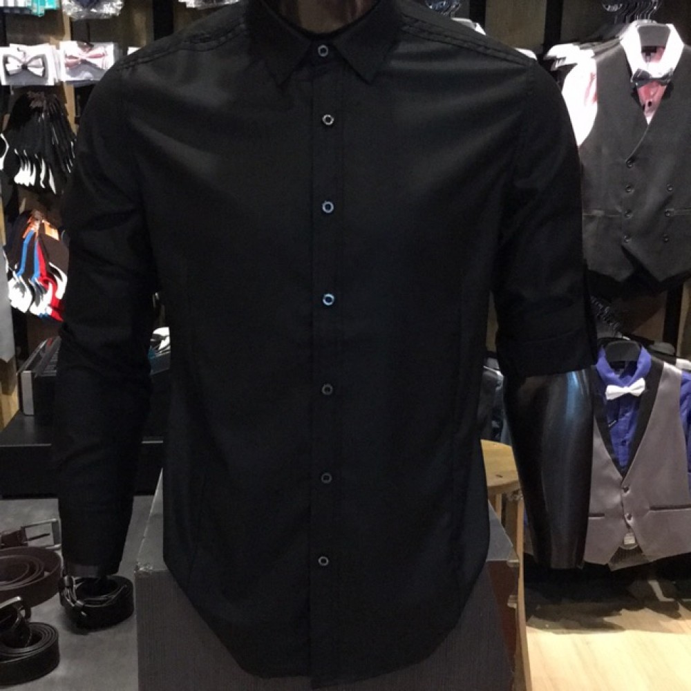 Men’s BLACK Smooth Plain Basic Simple Business Casual Long Sleeve Shirt. ASTON