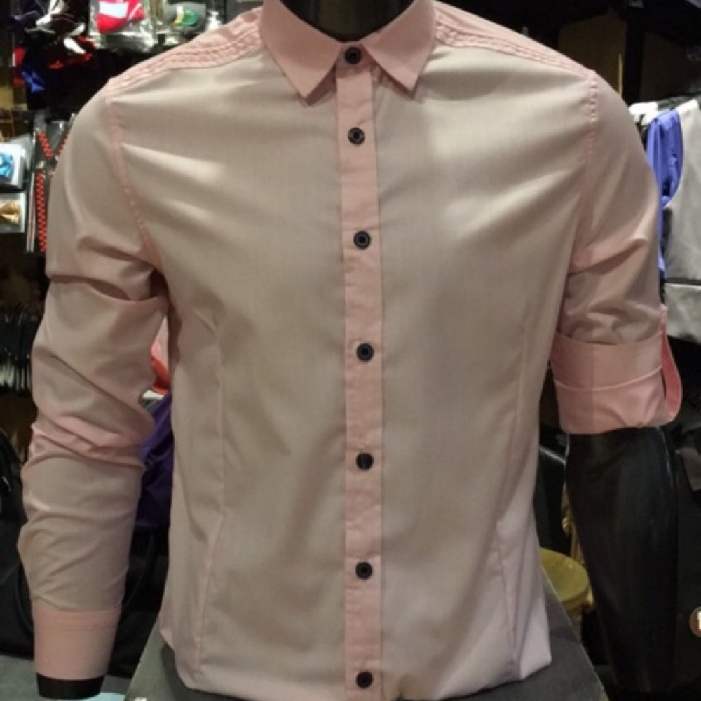 Men’s PINK Smooth Plain Basic Simple Business Casual Long Sleeve Shirt. ASTON