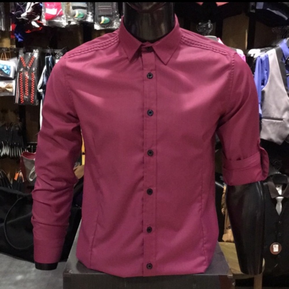 Men’s FUCHSIA Smooth Plain Basic Simple Business Casual Long Sleeve Shirt. ASTON