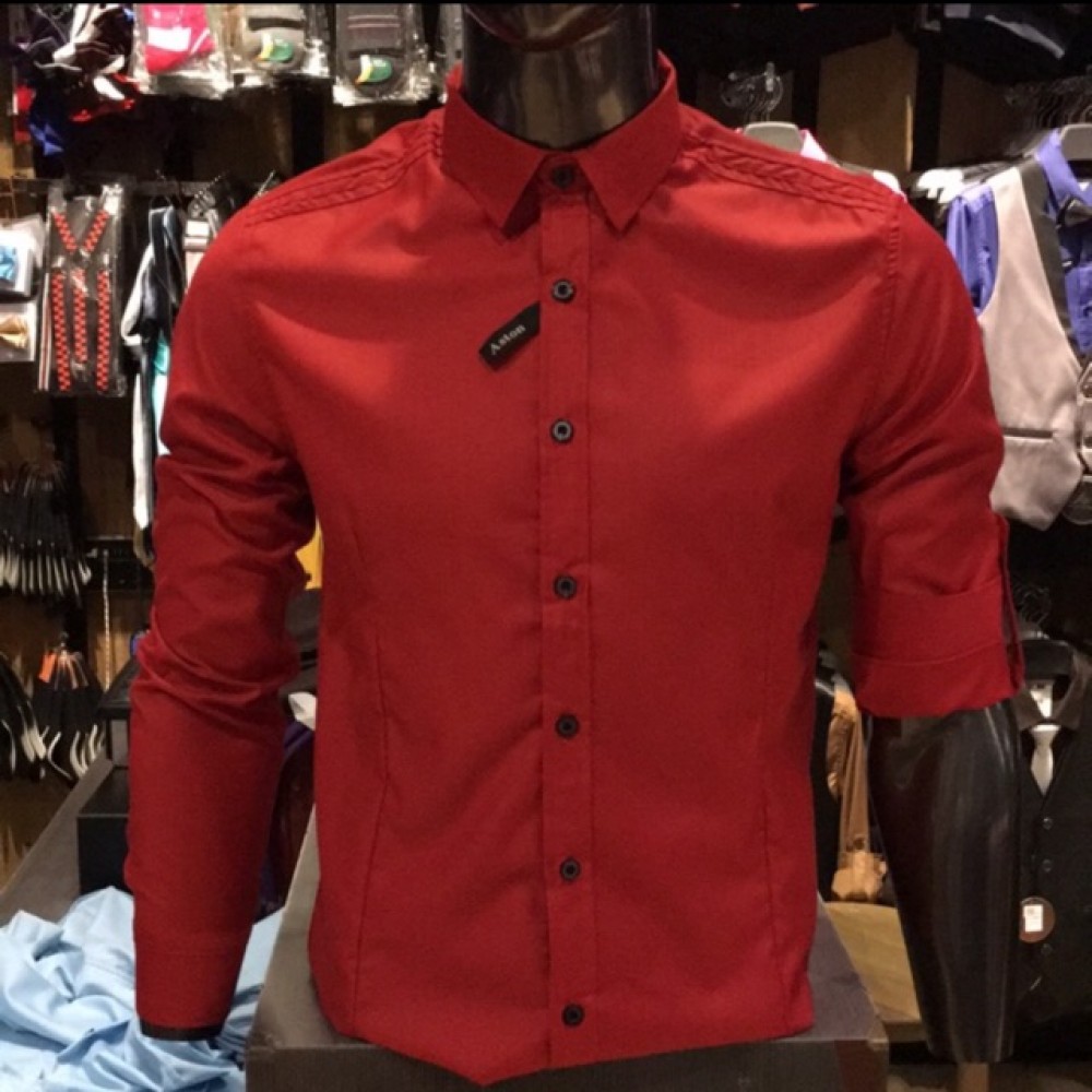 Men’s RED Smooth Plain Basic Simple Business Casual Long Sleeve Shirt. ASTON